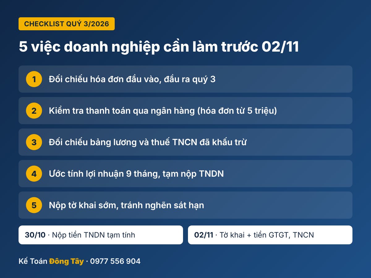 Checklist 5 việc doanh nghiệp cần làm trước hạn nộp thuế quý 3/2026