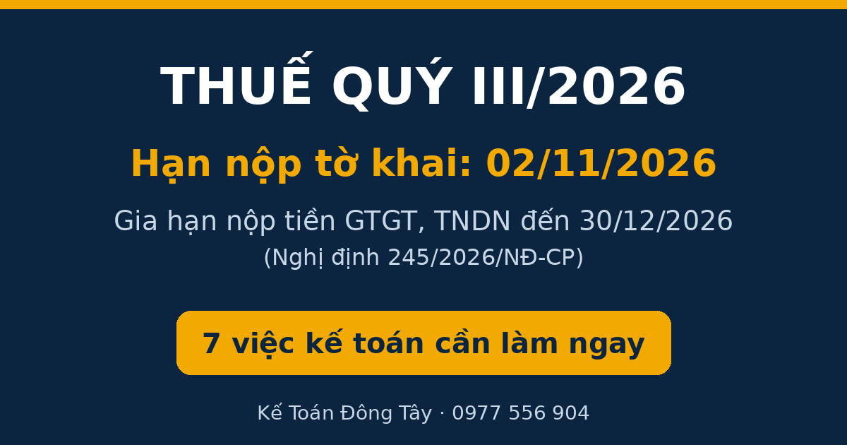 Thuế quý III/2026: hạn nộp tờ khai 02/11/2026, gia hạn đến 30/12/2026